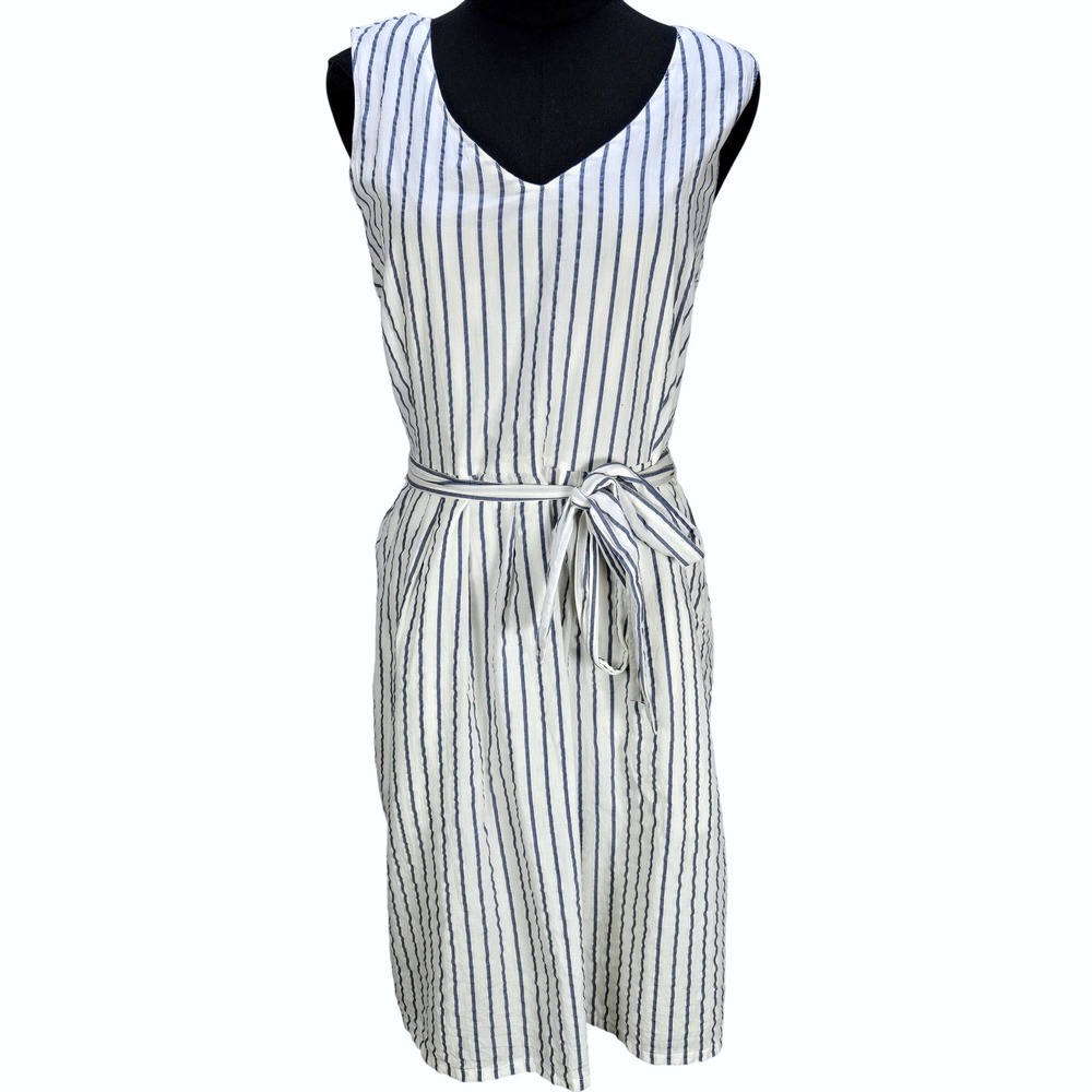 Women's L.L. Bean Signature 12 Blue White Striped Tie Waist‎ Midi Dress Parisian